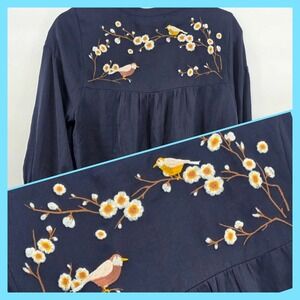 Lauren Conrad Navy Blue Embroidered Birds Blossom Kimono‎ Jacket XS flowy light